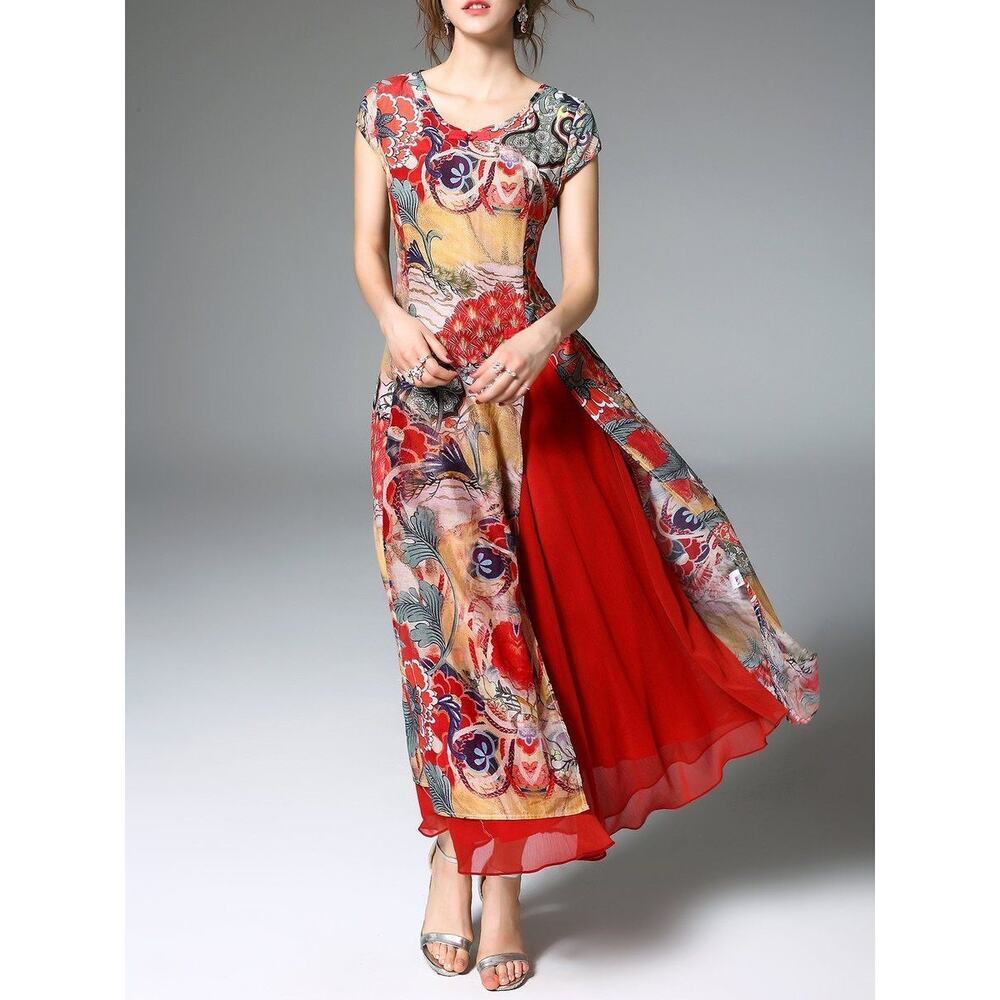 Elegant Red Floral Maxi Dress